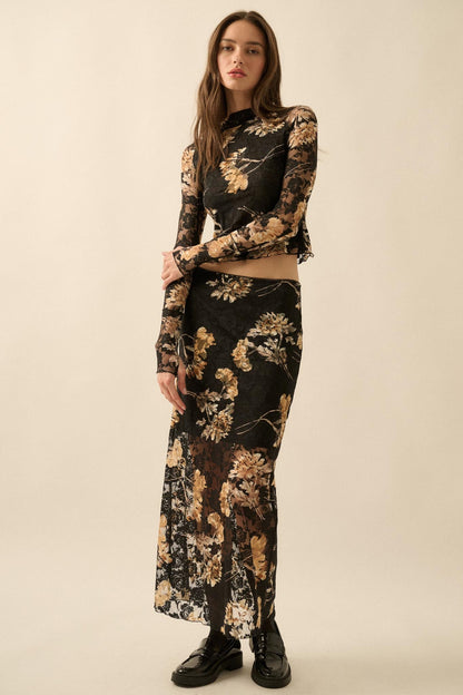 Timeless Blooms Printed Floral Lace Mock-Neck Top