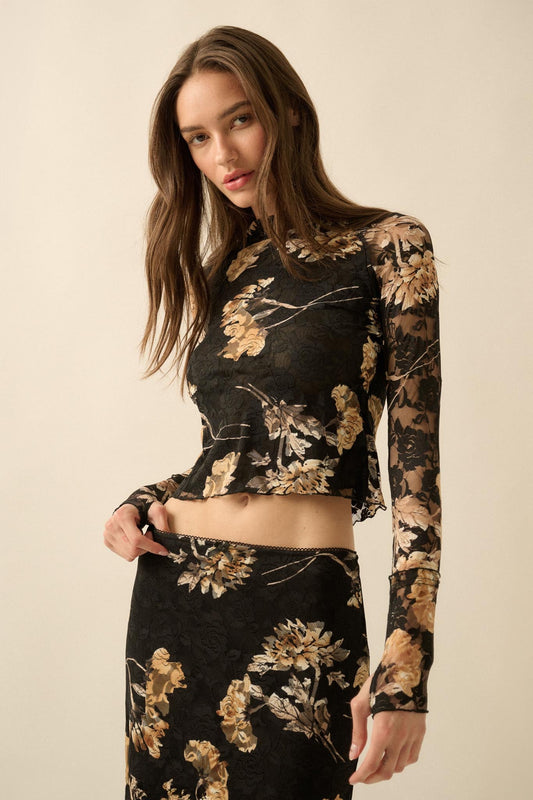 Timeless Blooms Printed Floral Lace Mock-Neck Top