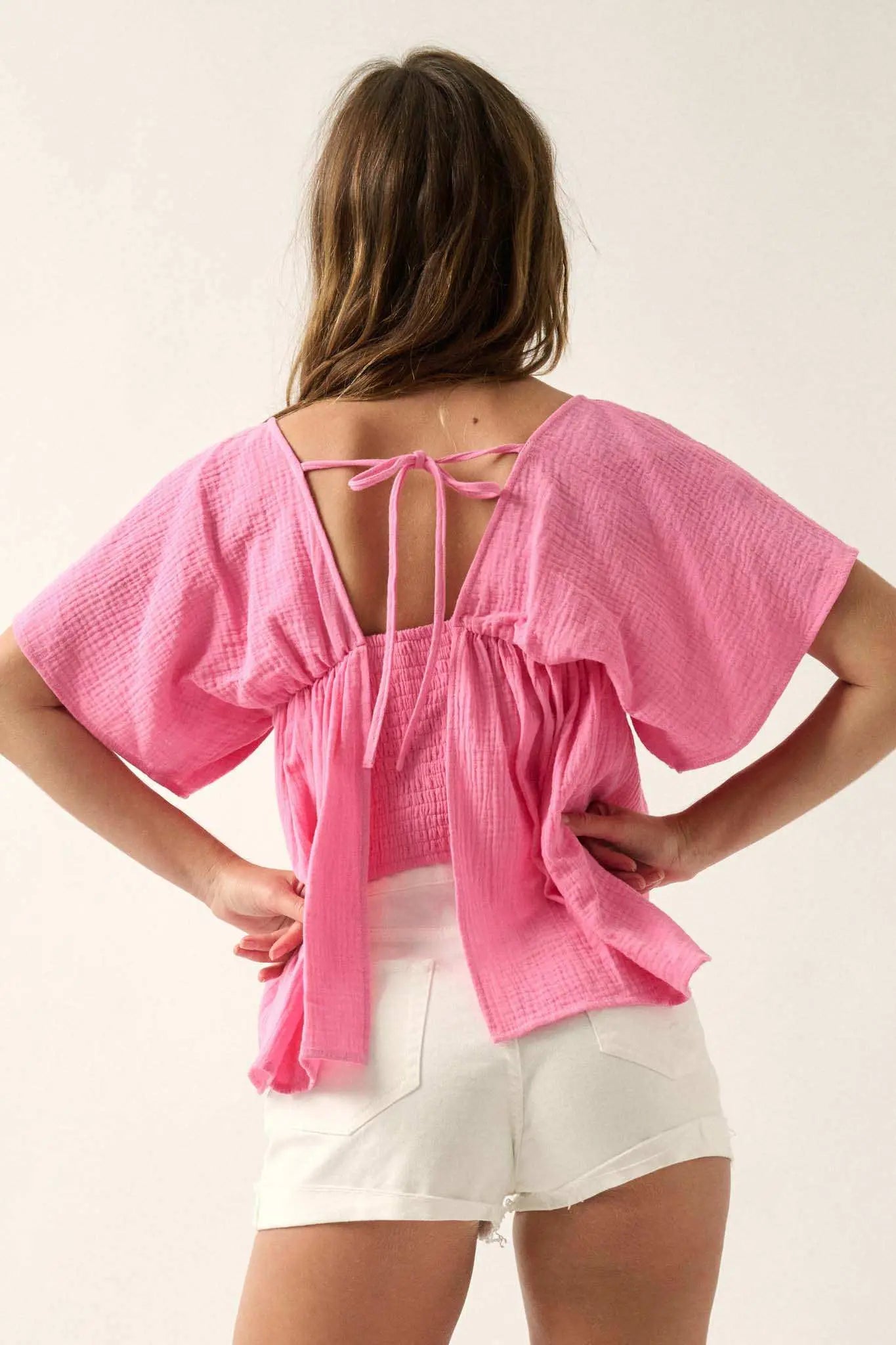 Touch of Love Crinkle Cotton Tie-Back Babydoll Top