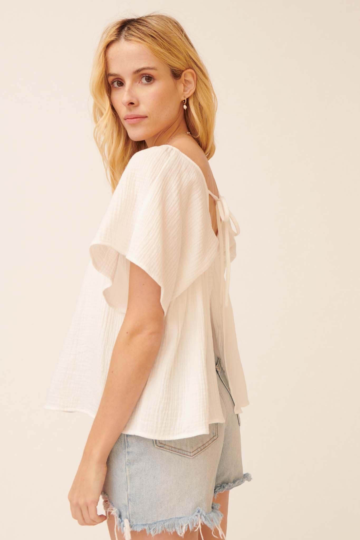 Touch of Love Crinkle Cotton Tie-Back Babydoll Top