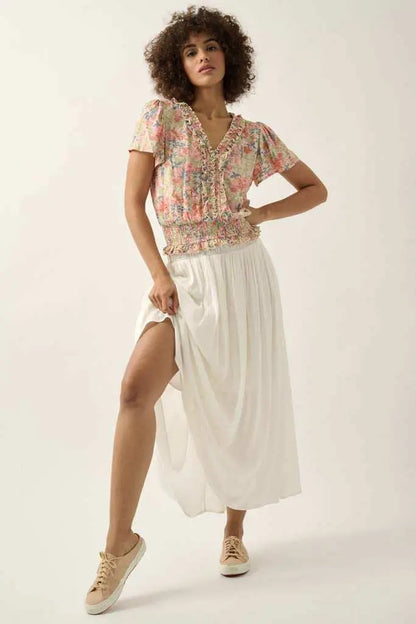 Watercolor Daydream Ruffled Floral Crepe Blouse