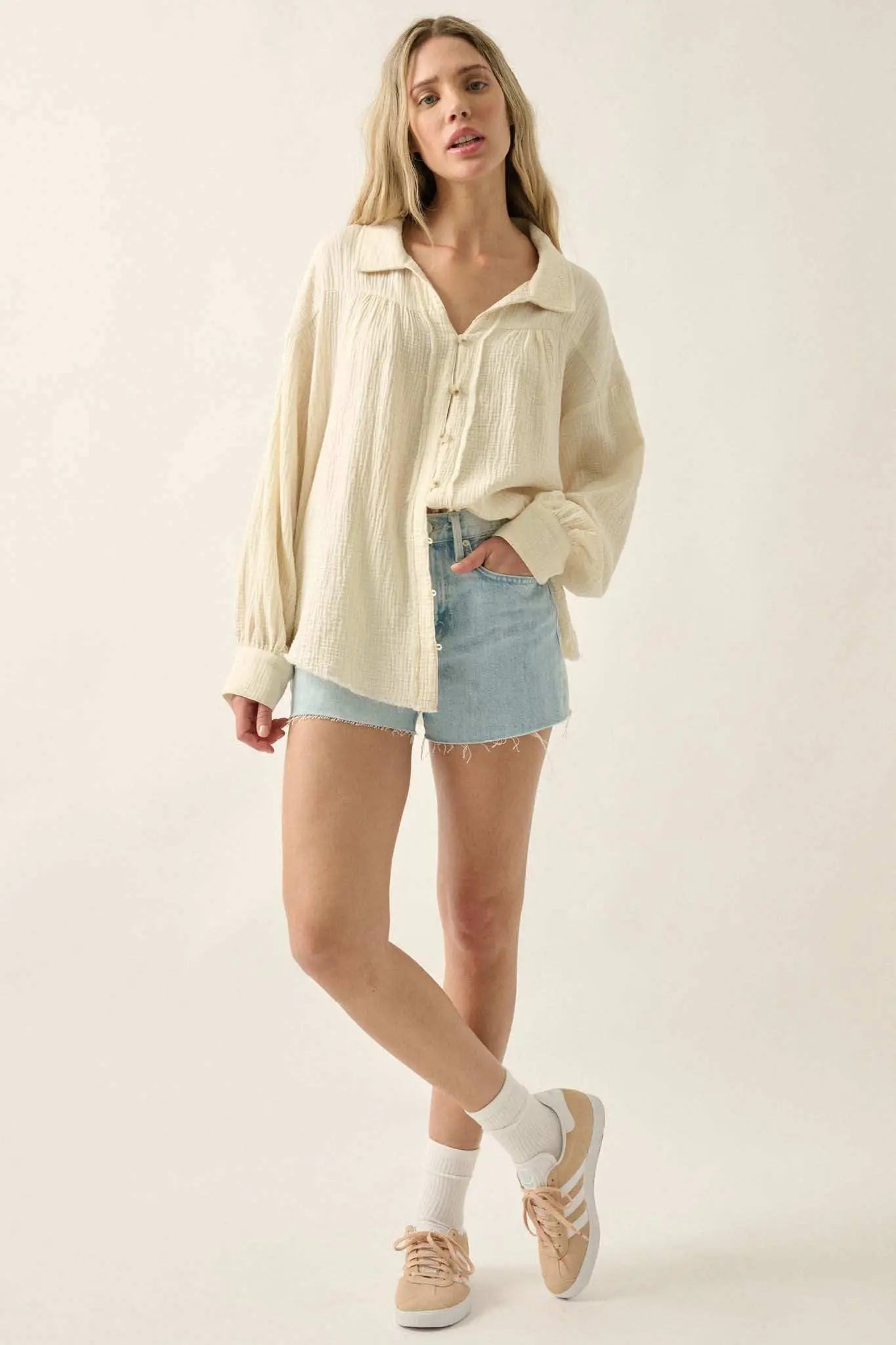 Wild Oats Crinkle Cotton Raw-Edge Button-Up Shirt