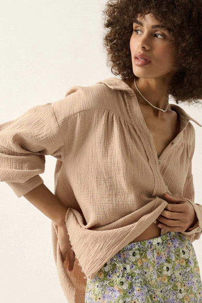 Wild Oats Crinkle Cotton Raw-Edge Button-Up Shirt
