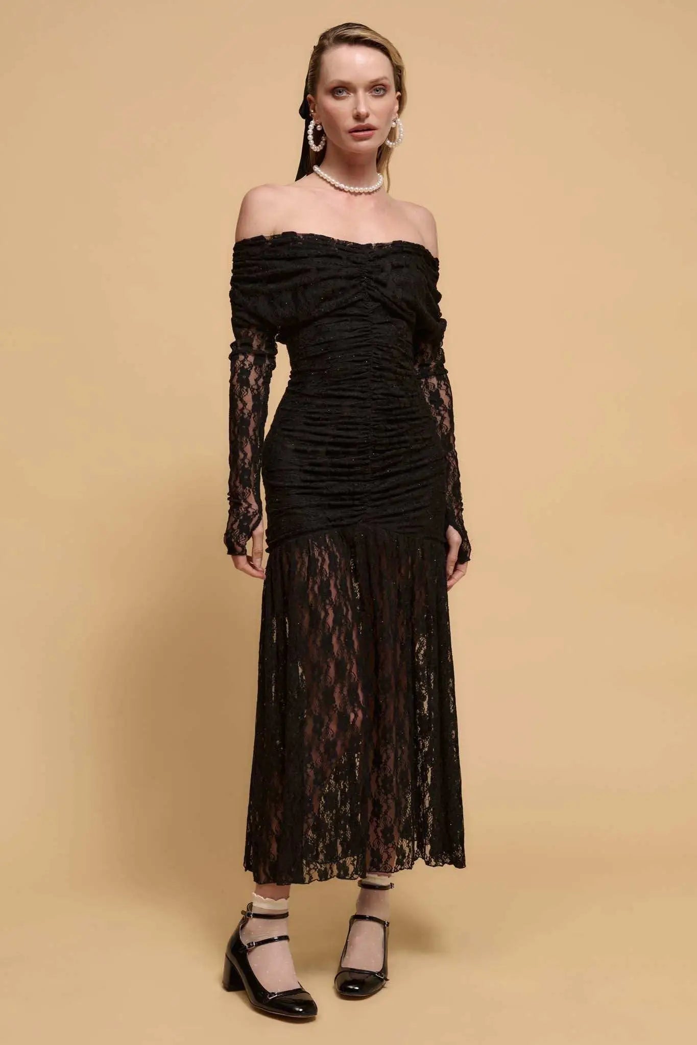 Starlit Romance Studded Lace Off-Shoulder Dress