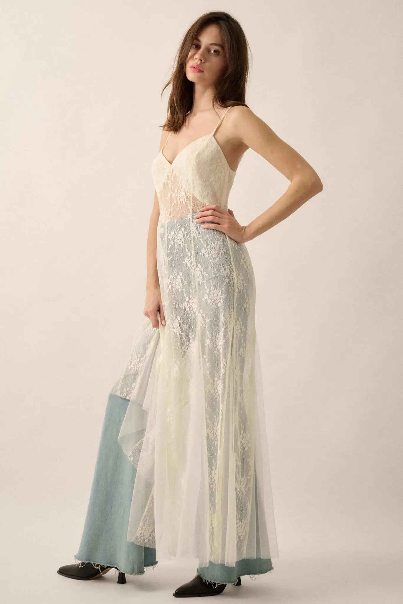 Whisper to Me Sheer Floral Lace Pleated Maxi Dress