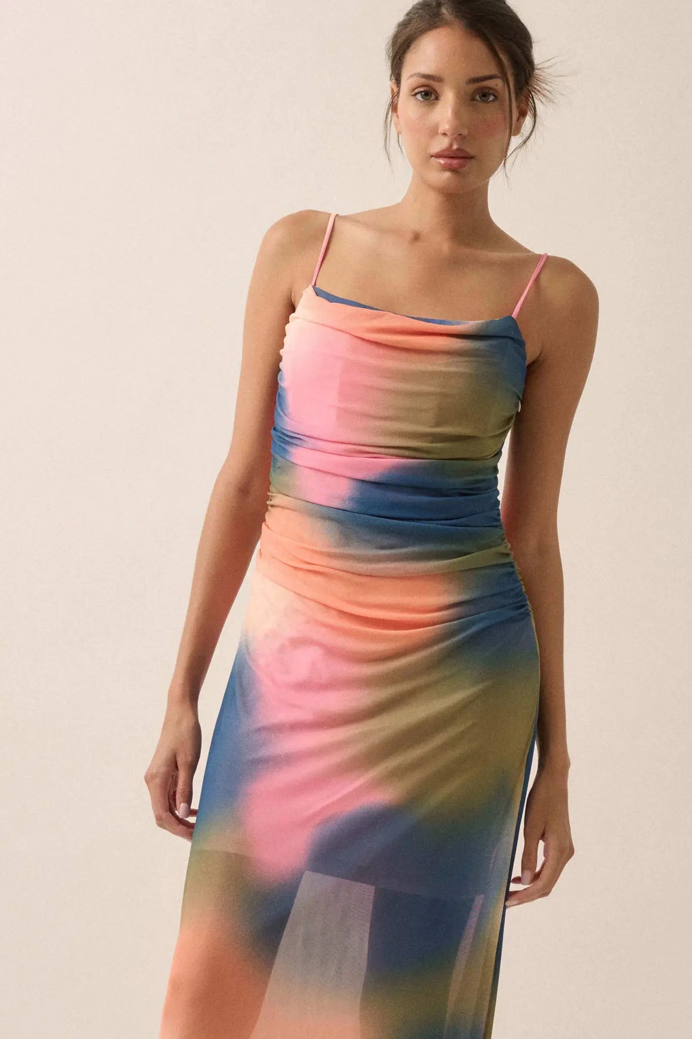 True Colors Tie-Dye Mesh Ruched Corset Maxi Dress