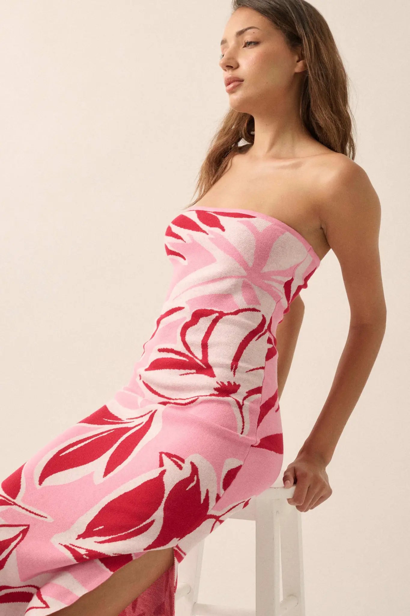 Tropical Chill Floral Strapless Maxi Sweater Dress