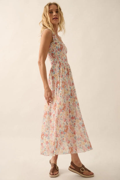 Sunny Day Bouquet Smocked Floral Mesh Maxi Dress
