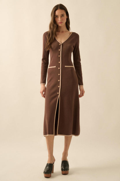 Uptown Girl Button-Detail Rib-Knit Midi Dress
