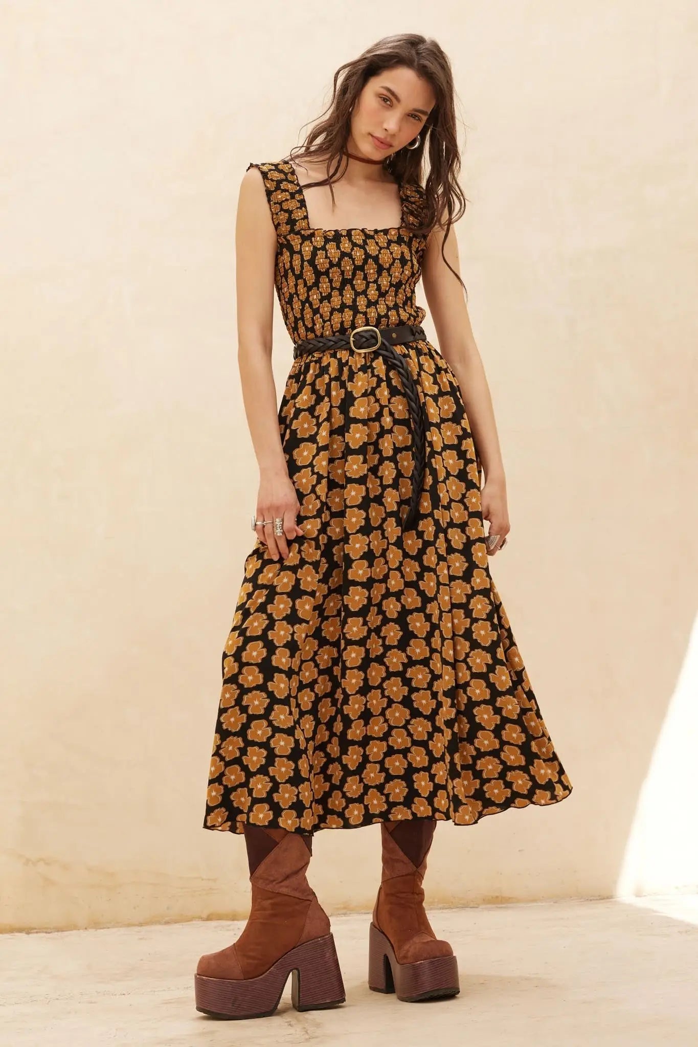 Vintage Blooms Floral Smocked Midi Dress