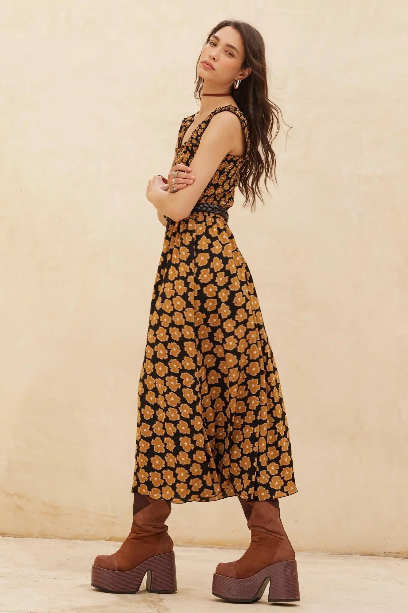 Vintage Blooms Floral Smocked Midi Dress