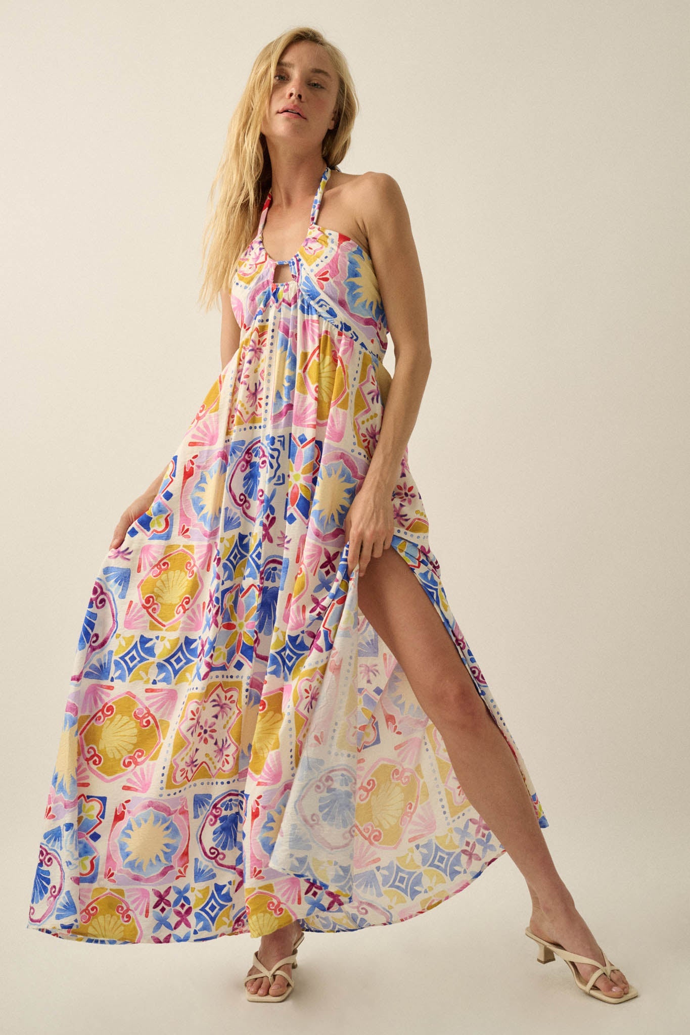 Sunny Saville Tile-Print Open-Back Halter Maxi Dress
