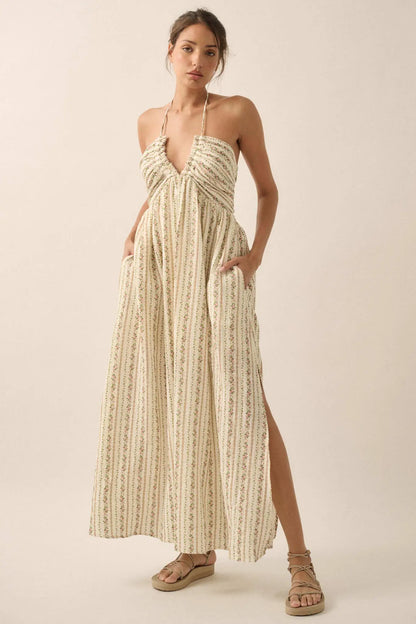 Trellis Blossoms Floral Gauze Halter Maxi Dress