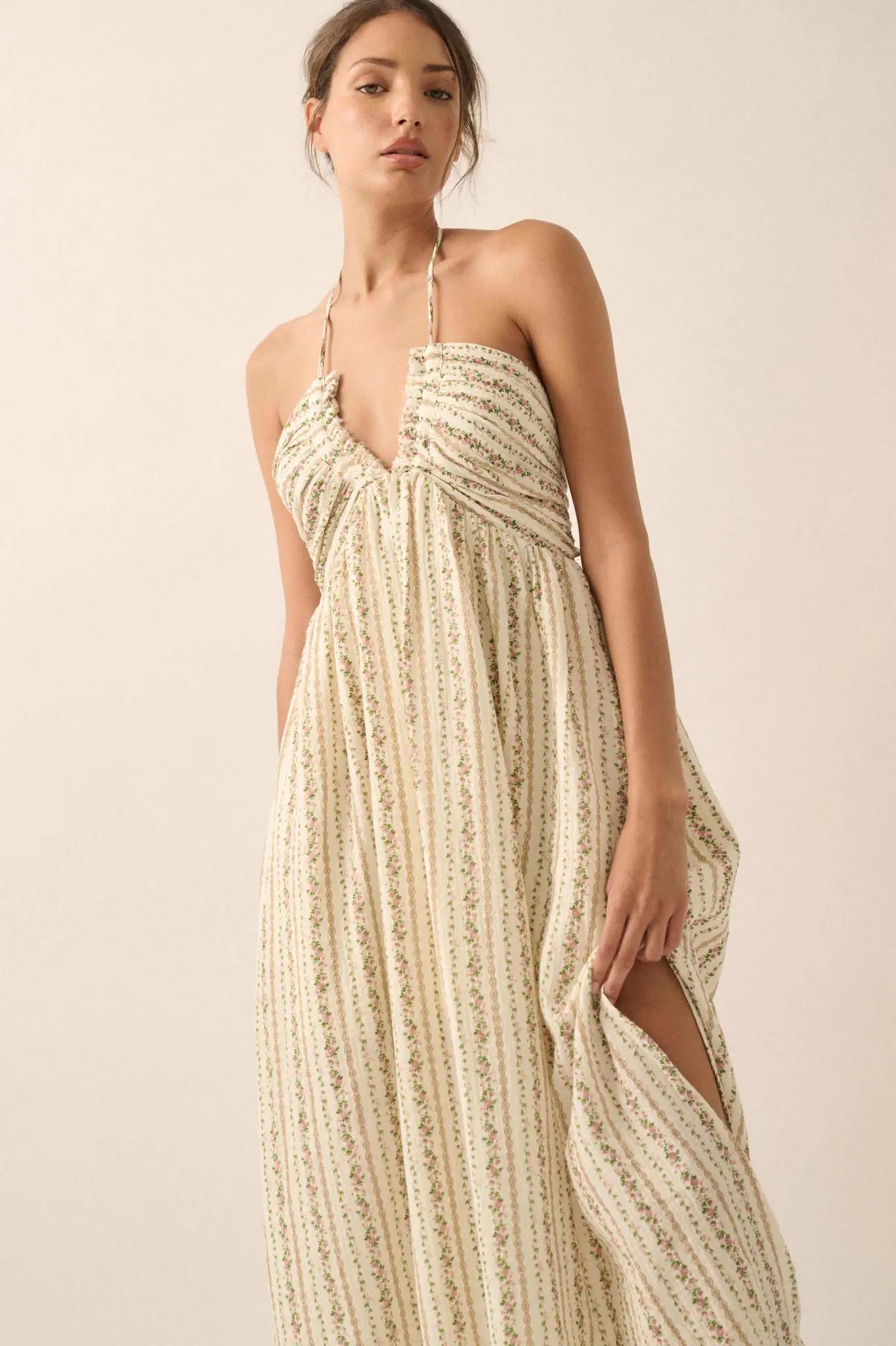Trellis Blossoms Floral Gauze Halter Maxi Dress