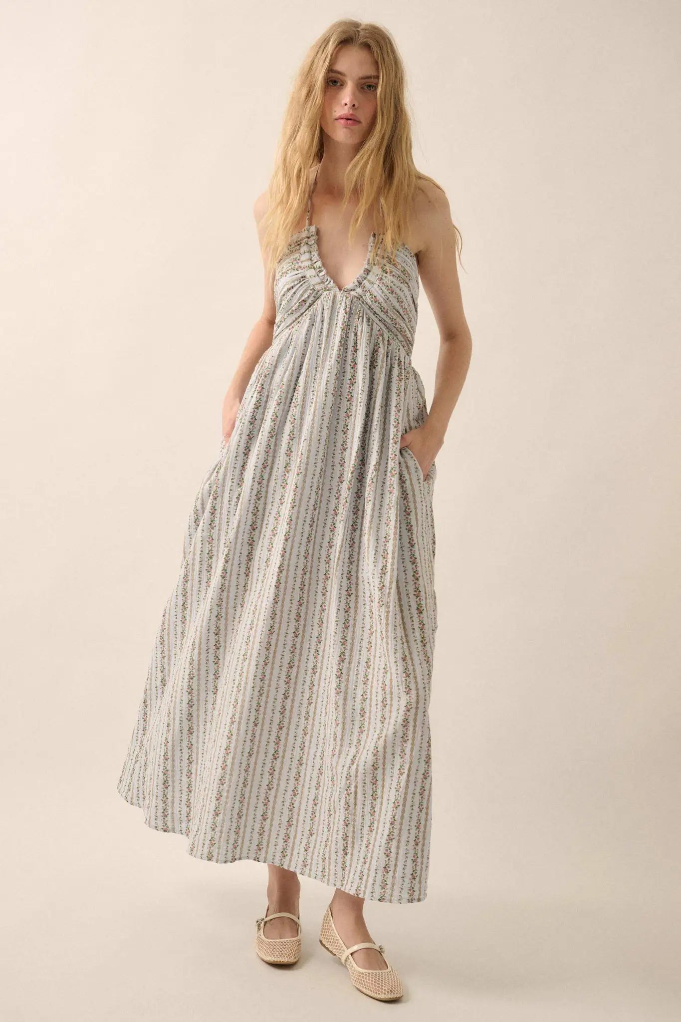 Trellis Blossoms Floral Gauze Halter Maxi Dress
