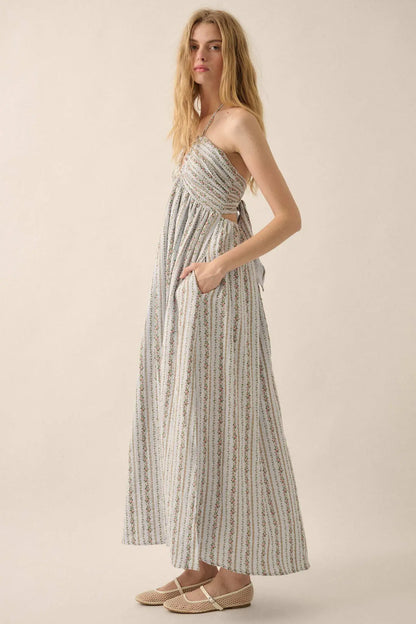 Trellis Blossoms Floral Gauze Halter Maxi Dress