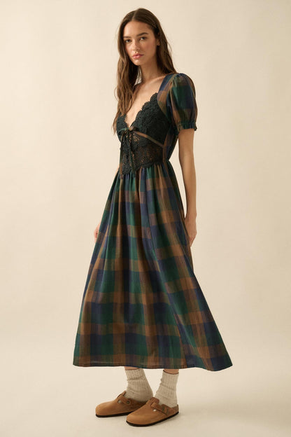 True Country Plaid and Lace Puff-Sleeve Midi Dress