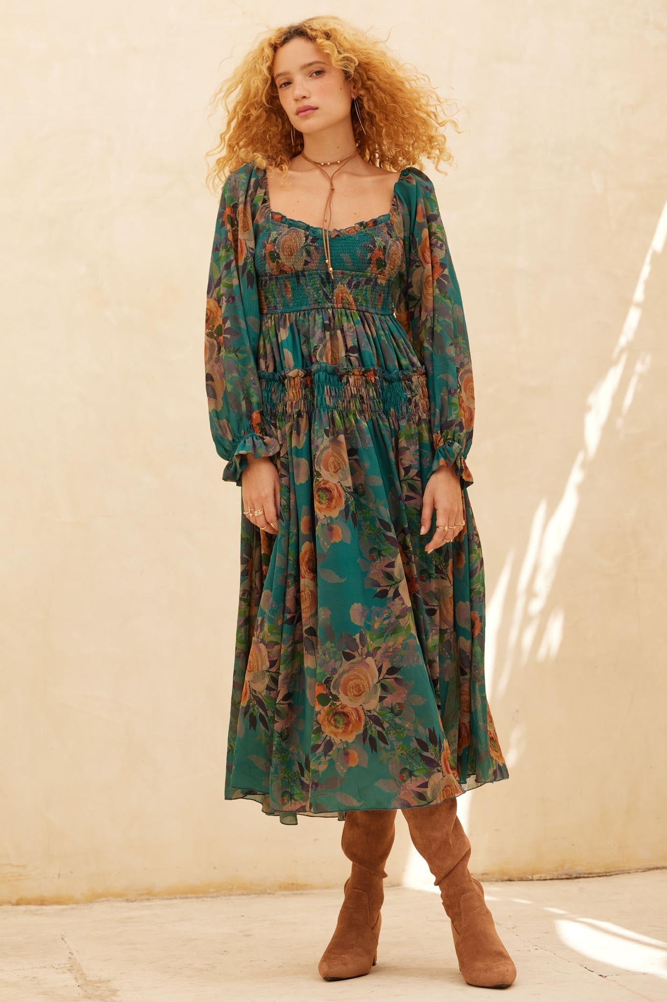 Wandering Rose Smocked Floral Chiffon Midi Dress