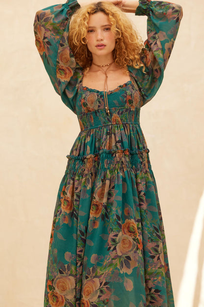 Wandering Rose Smocked Floral Chiffon Midi Dress
