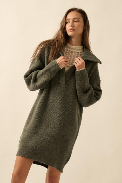Warm Welcome Collared Split-Neck Mini Sweater Dress