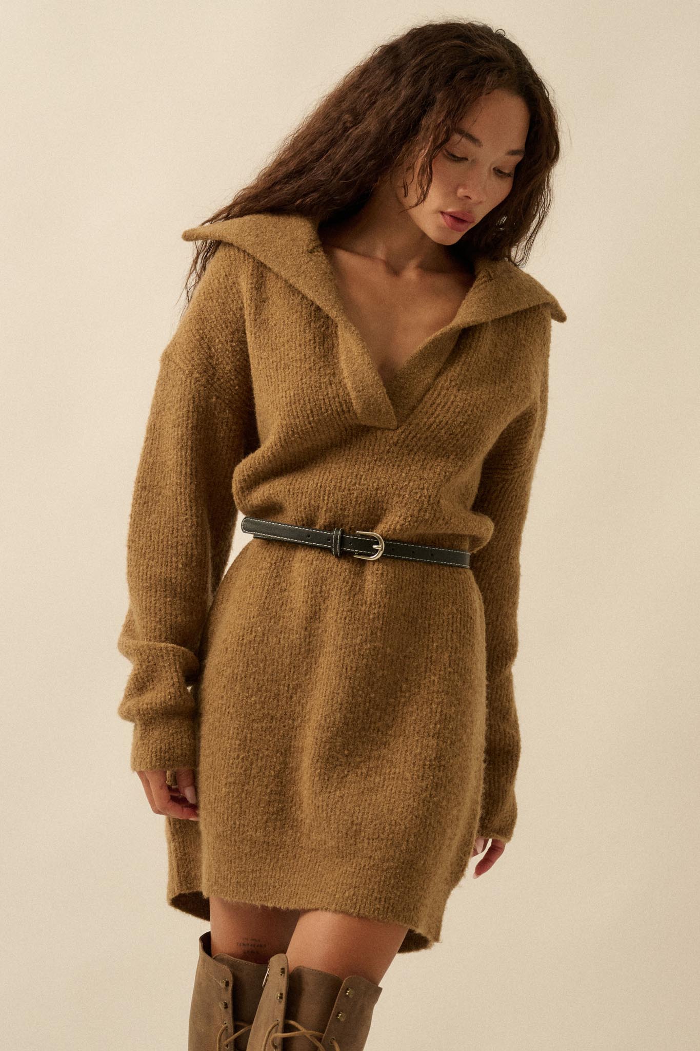 Warm Welcome Collared Split-Neck Mini Sweater Dress