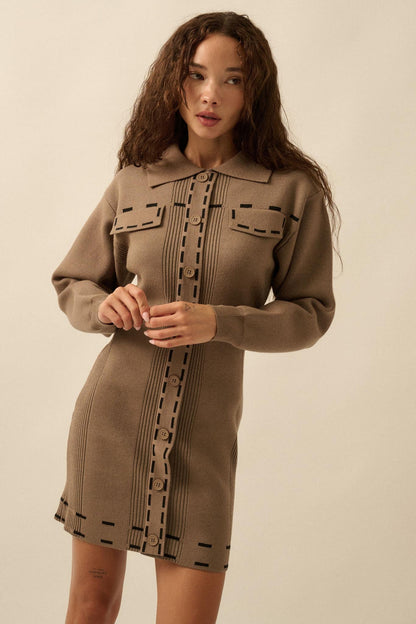 Stitch Perfect Collared Mini Sweater Shirt Dress