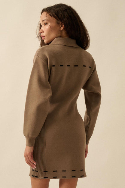 Stitch Perfect Collared Mini Sweater Shirt Dress