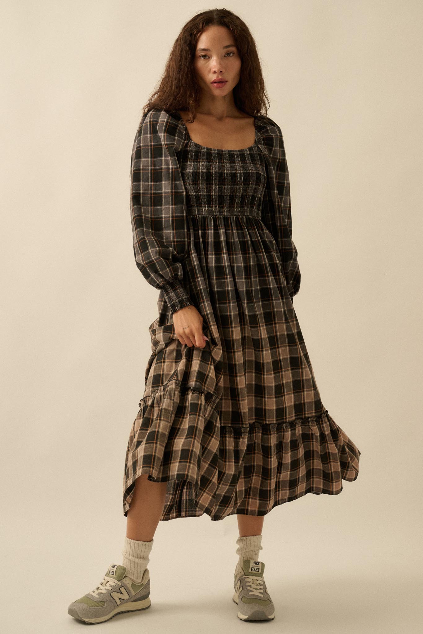 Timeless Tartan Smocked Plaid Midi Prairie Dress