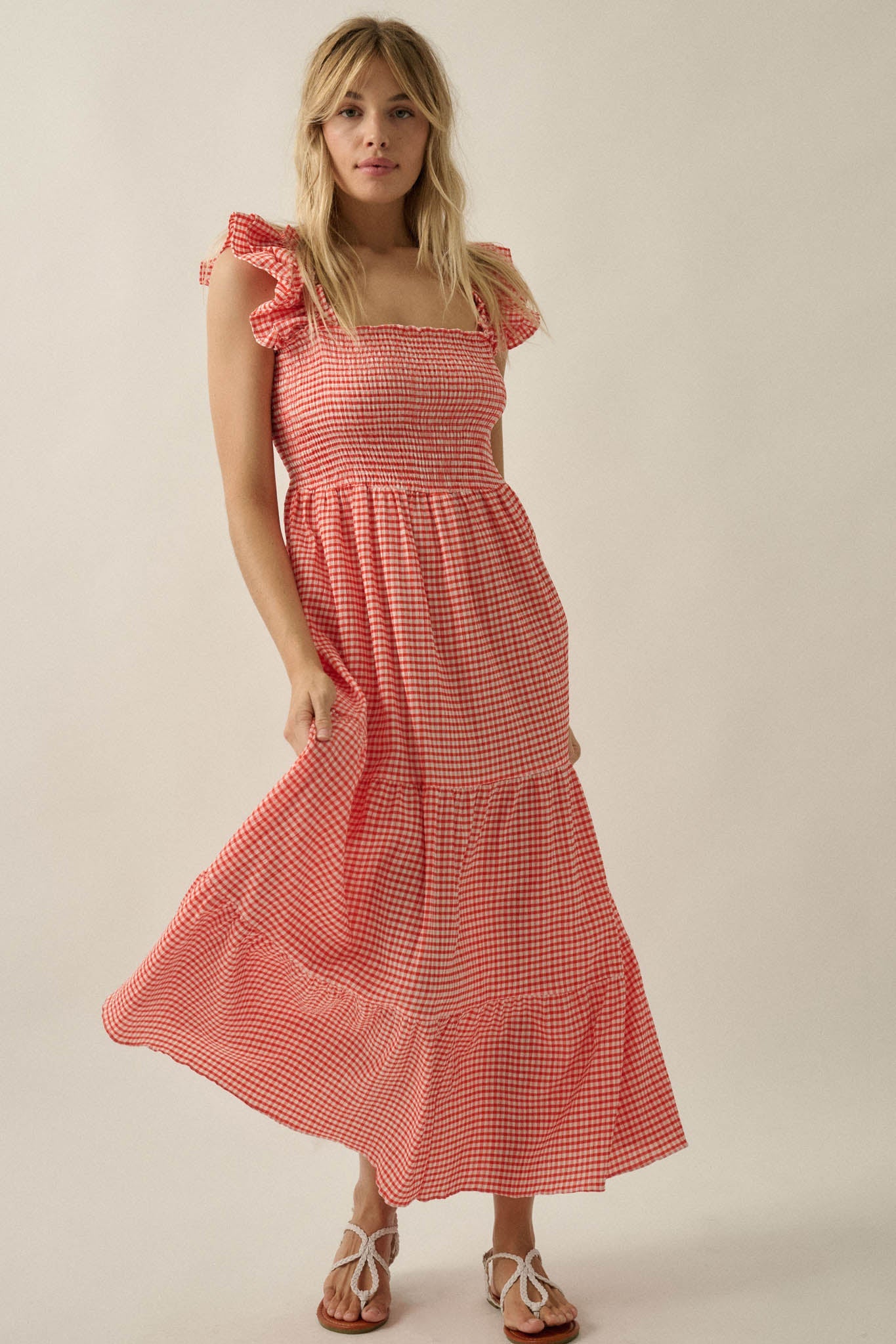 Sweet Treat Smocked Gingham Ruffle Midi Dress