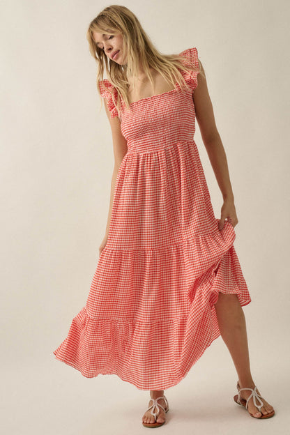 Sweet Treat Smocked Gingham Ruffle Midi Dress