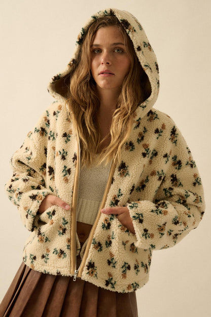 Winter Blossoms Floral Fleece Hooded Jacket