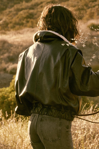 Taking Flight Fleece-Collar Faux Leather Jacket