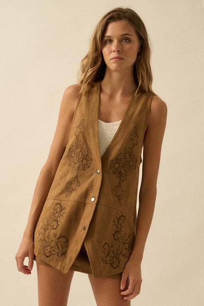 Sweet Meadow Floral-Embroidered Vegan Suede Vest