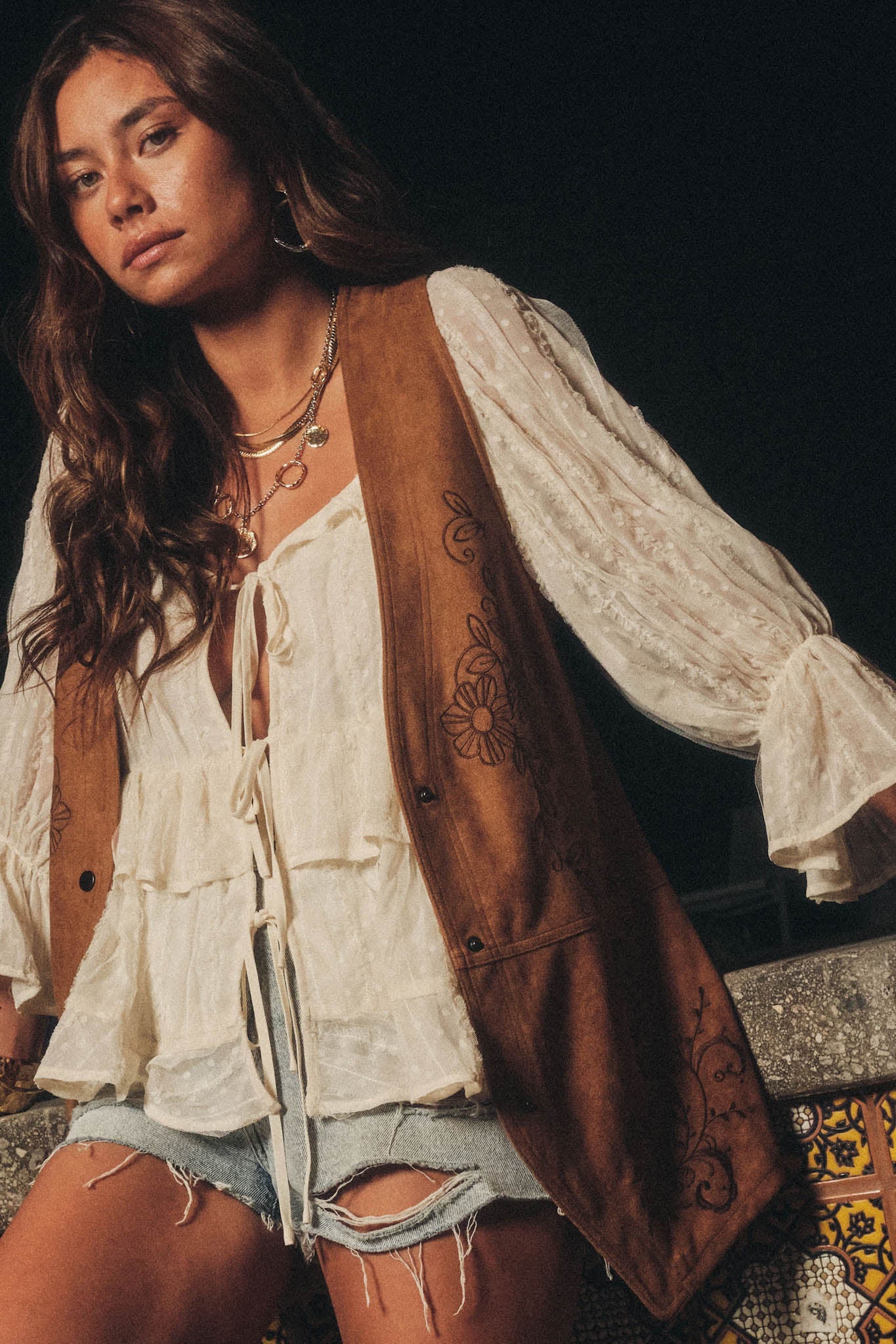Sweet Meadow Floral-Embroidered Vegan Suede Vest
