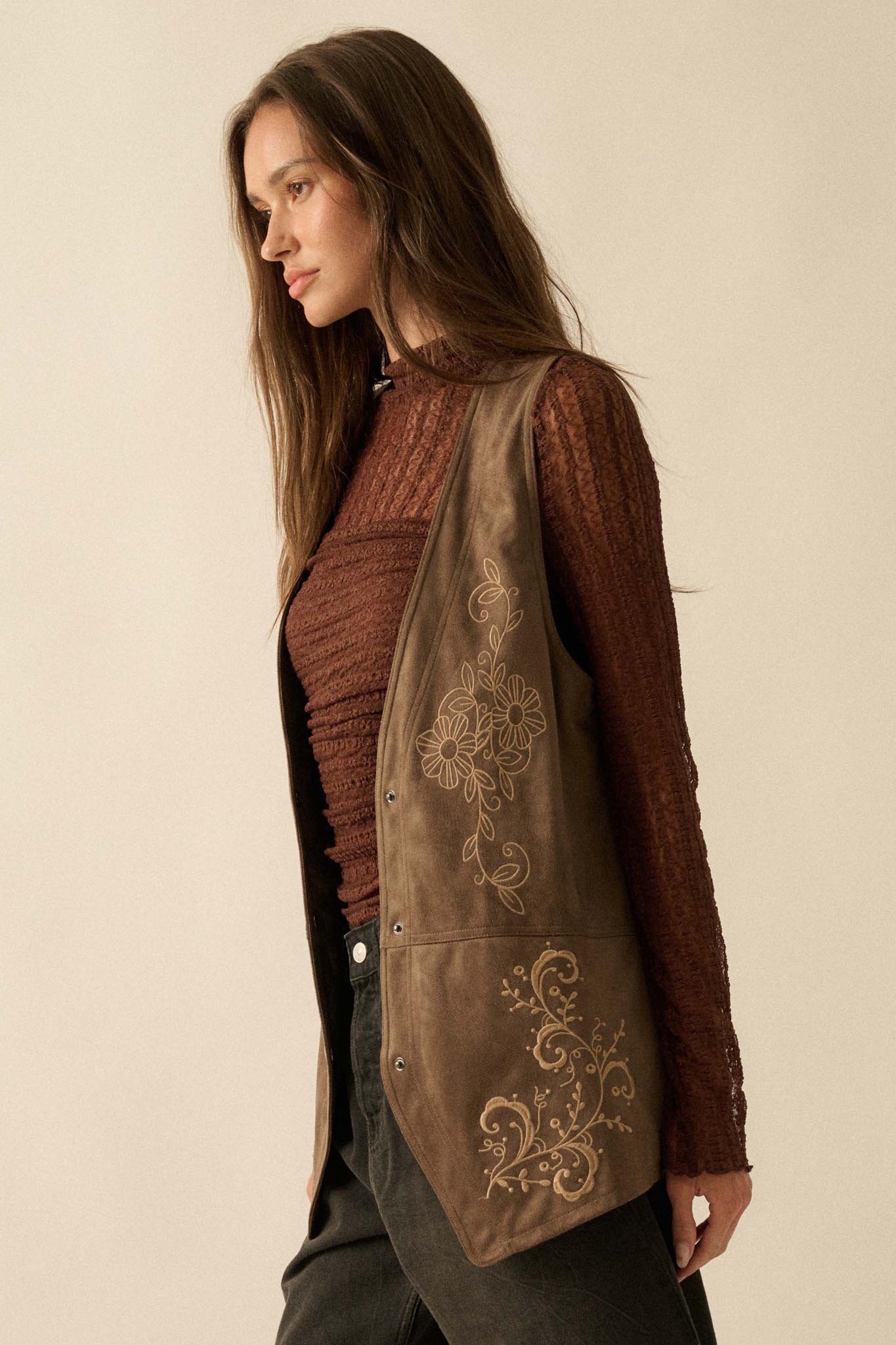 Sweet Meadow Floral-Embroidered Vegan Suede Vest