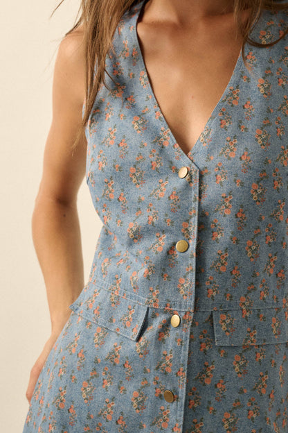 Twill Garden Floral-Print Denim Vest Romper