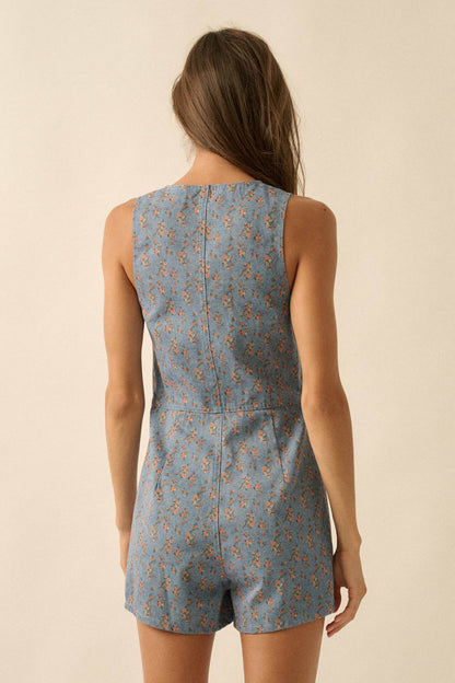 Twill Garden Floral-Print Denim Vest Romper