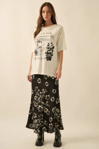 Whispering Petals Bias-Cut Floral Satin Maxi Skirt