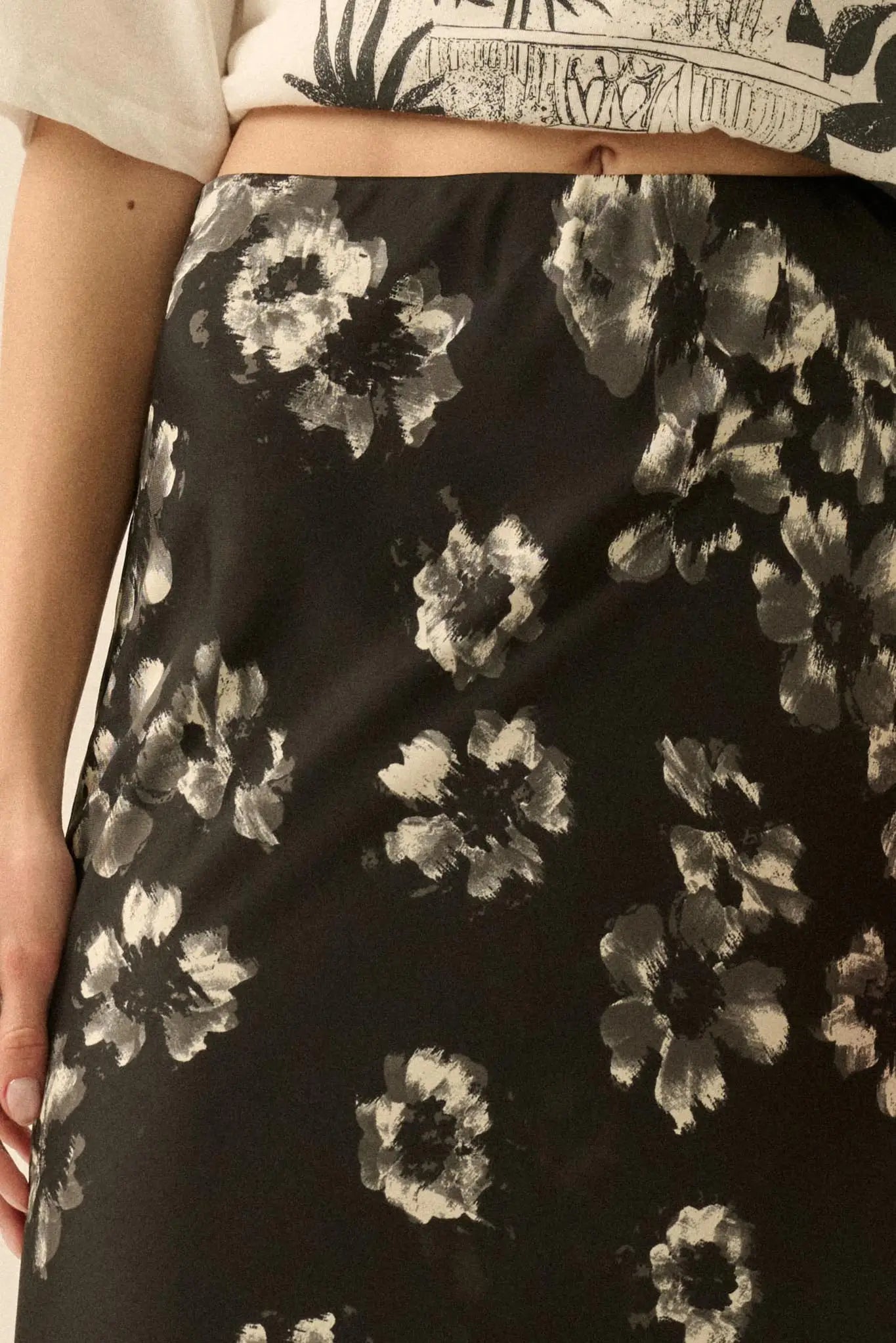 Whispering Petals Bias-Cut Floral Satin Maxi Skirt