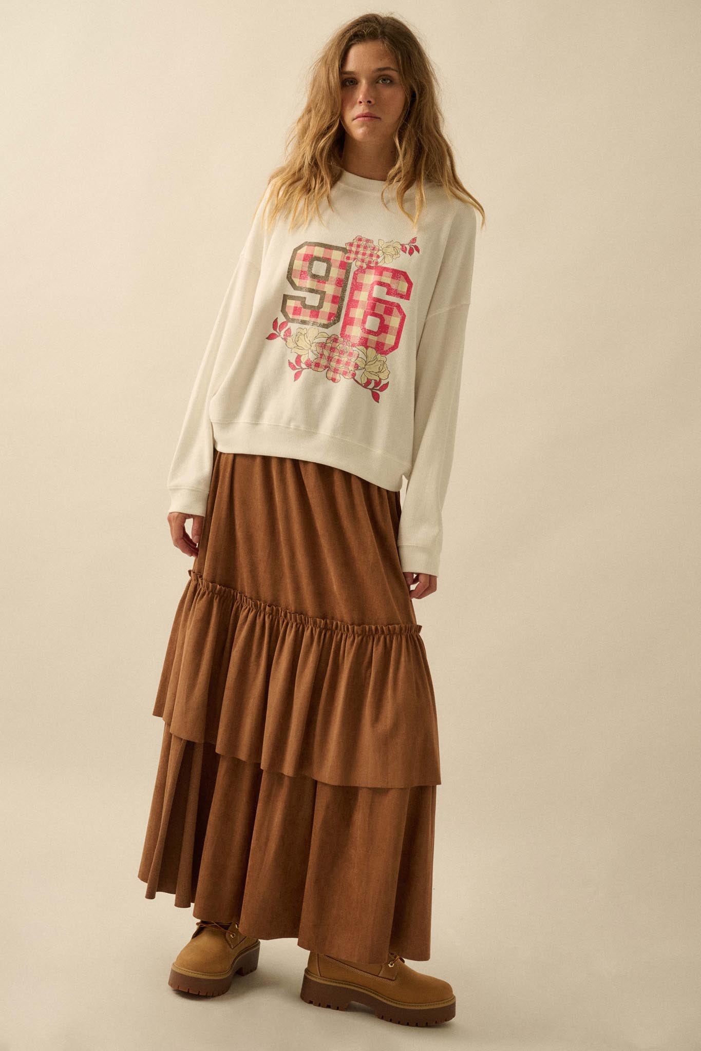 Tender Touch Vegan Suede Tiered Ruffle Maxi Skirt