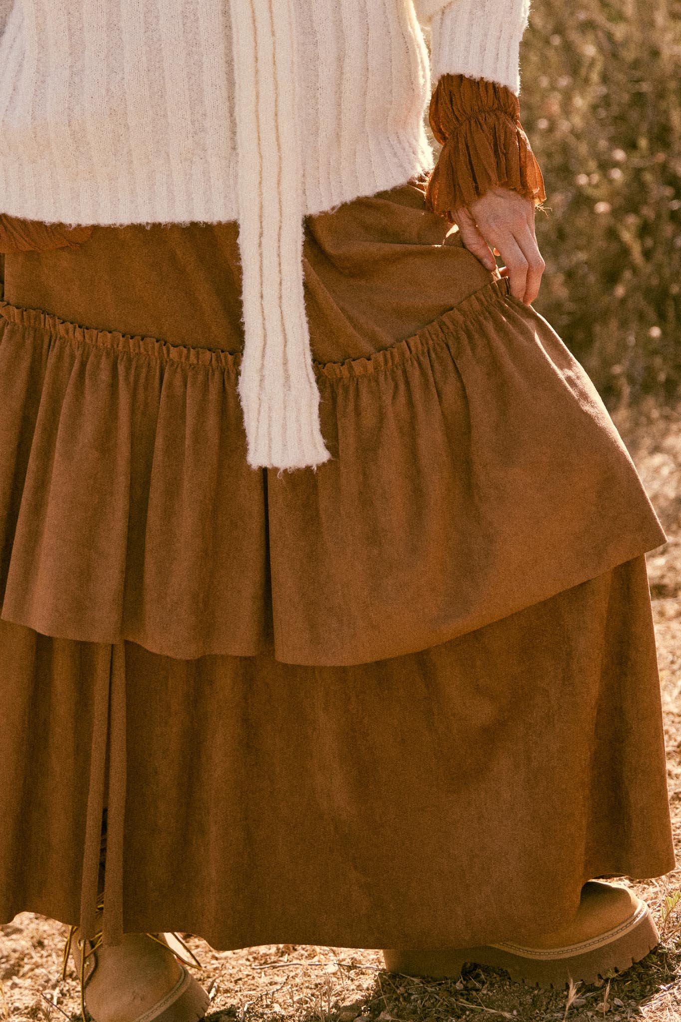 Tender Touch Vegan Suede Tiered Ruffle Maxi Skirt