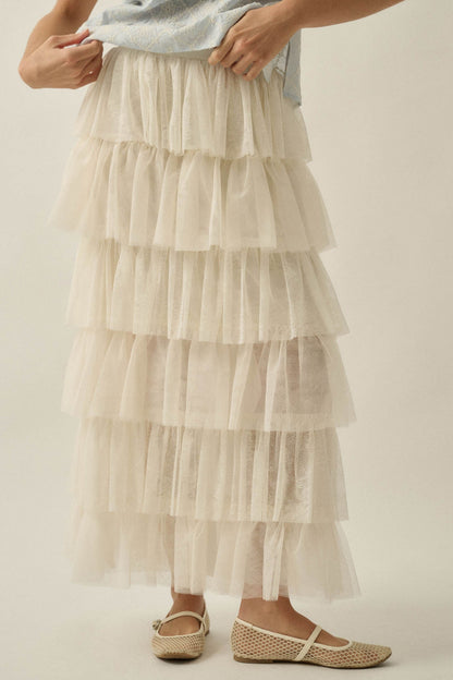 Twirl Power Floral Lace and Tulle Ruffle Maxi Skirt