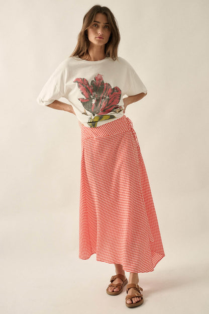 Sweet As Can Be Gingham Side-Tie Wrap Maxi Skirt