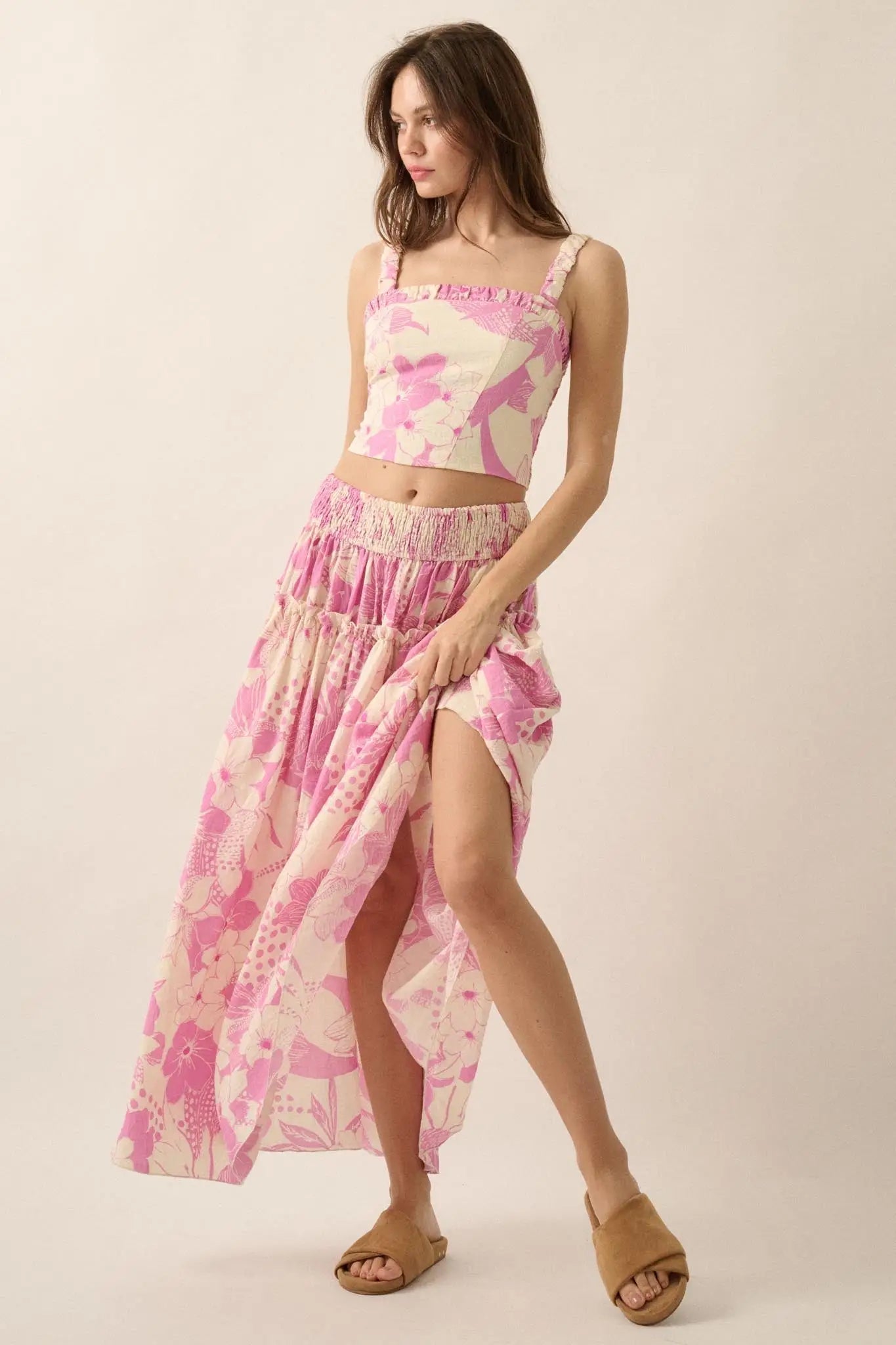 Taste the Tropics Floral Tiered Ruffle Maxi Skirt