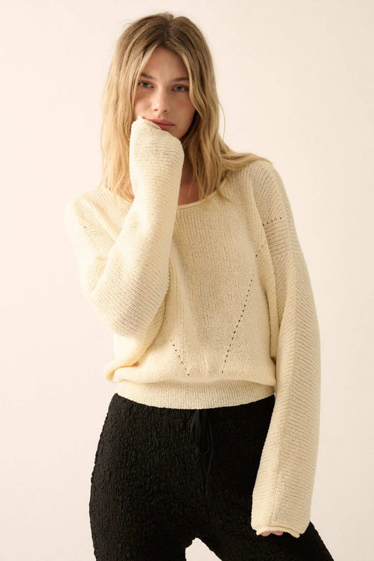 Stay True Rolled Edge Pointelle Rib-Knit Sweater