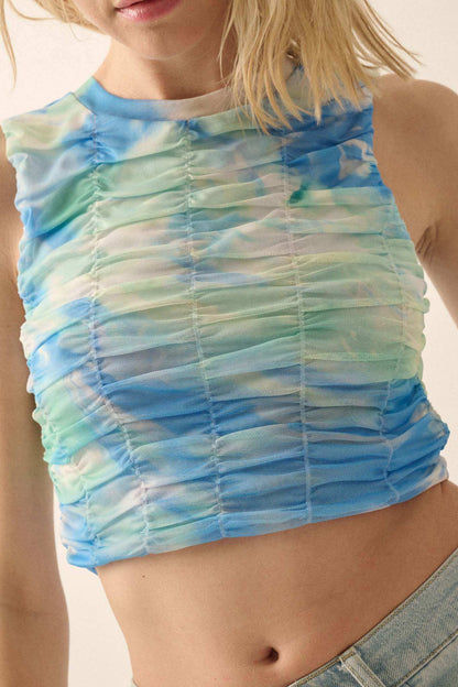 Surf Zone Tie-Dye Mesh Ruched Crop Top