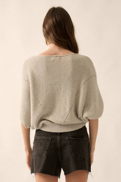 True Self Short-Sleeve Pointelle Rib-Knit Sweater