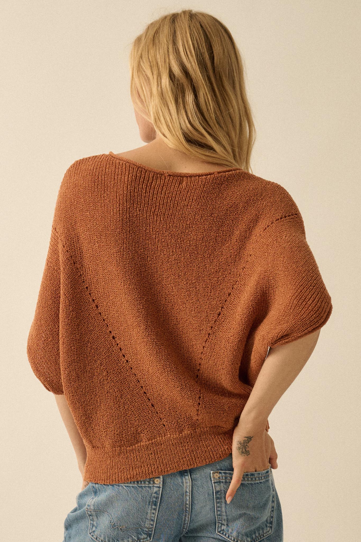 True Self Short-Sleeve Pointelle Rib-Knit Sweater