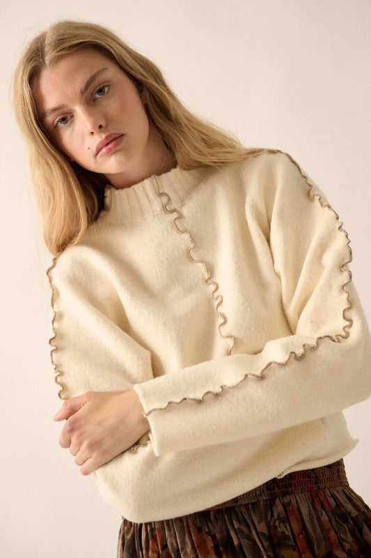 Wave Hello Lettuce-Edge Mock-Neck Sweater