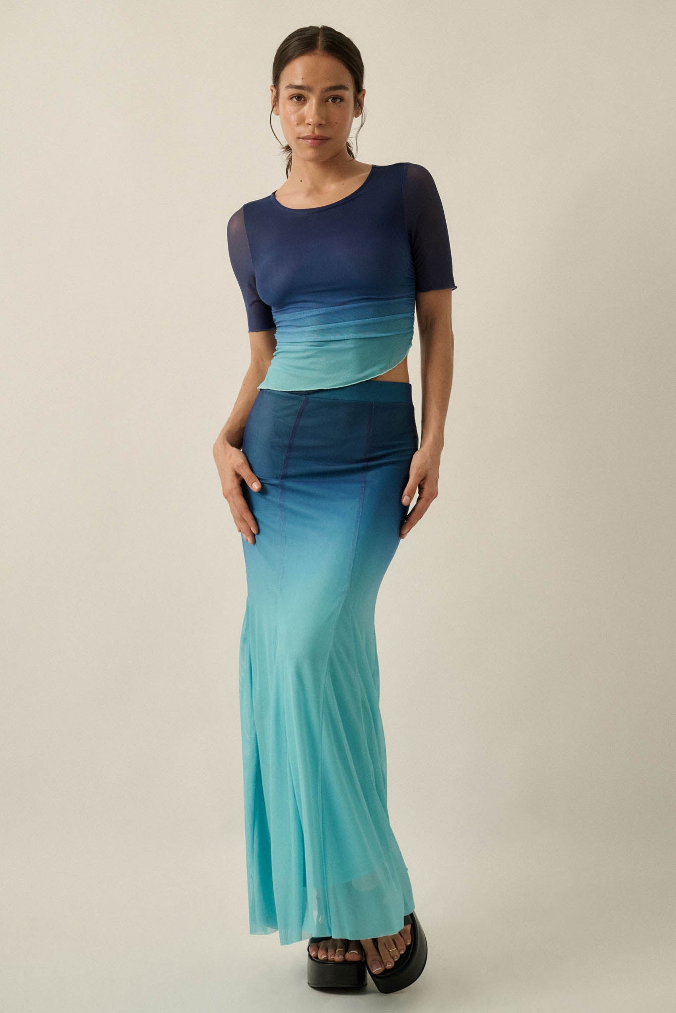 Twilight Sky Ombre Mesh Ruched Asymmetrical Top